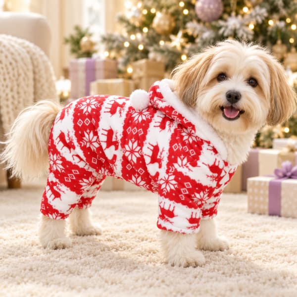 Cream and tan Havanese wearing a red reindeer-pattern fleece onesie beside a Christmas tree and wrapped presents.