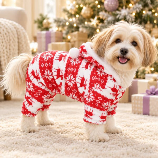 Cream and tan Havanese wearing a red reindeer-pattern fleece onesie beside a Christmas tree and wrapped presents.