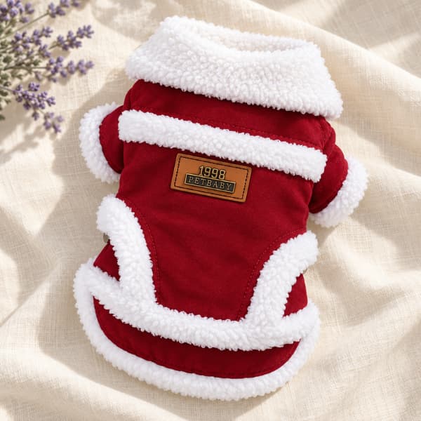 Red dog winter coat laid on cream linen, showing its fluffy white collar, curved trim and tan back label.