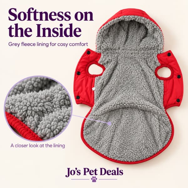 Red hooded dog jacket opened to show its grey fleece lining, with a close-up of the soft fabric and front press-stud fastening.