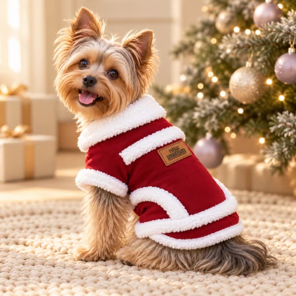 Yorkshire Terrier wearing a red coat with fluffy white trim beside a Christmas tree decorated with lavender and gold baubles.