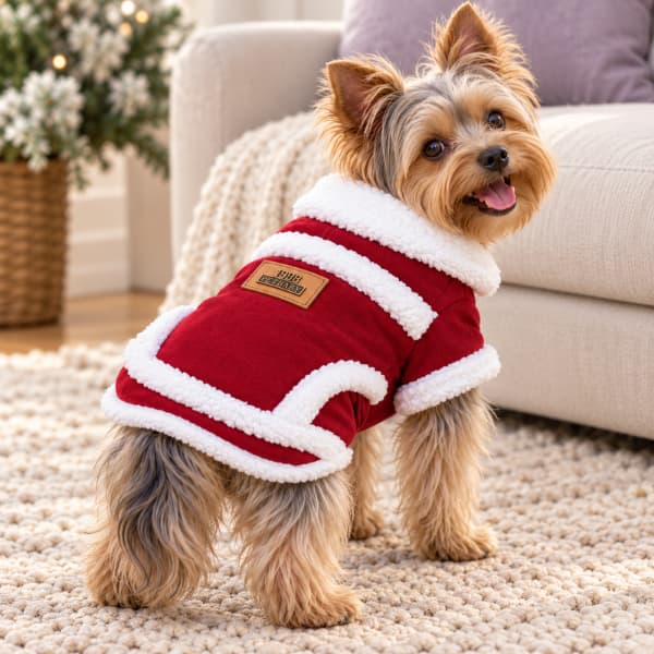 Yorkshire Terrier wearing a red coat with fluffy white trim beside a cream sofa and softly lit Christmas tree.