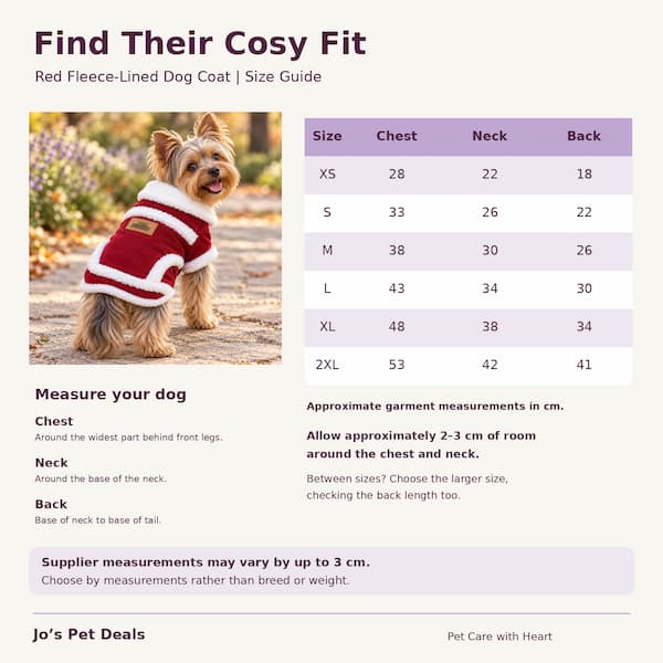 Red dog winter coat size guide showing chest, neck and back measurements in centimetres for XS–2XL, beside a Yorkshire Terrier wearing the coat.