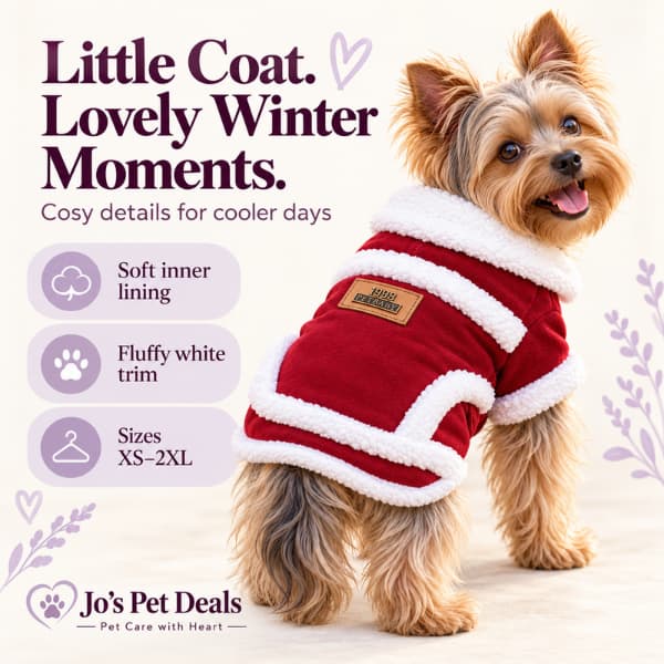 Yorkshire Terrier modelling a red winter coat, with features highlighting its soft lining, fluffy white trim and sizes XS–2XL.