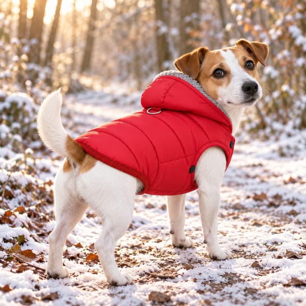 Jack Russell wearing a red fleece-lined hooded jacket on a lightly snow-covered woodland path.