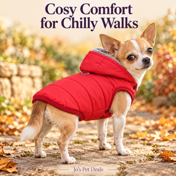 Chihuahua wearing a red padded hooded jacket with grey fleece lining on an autumn garden path.