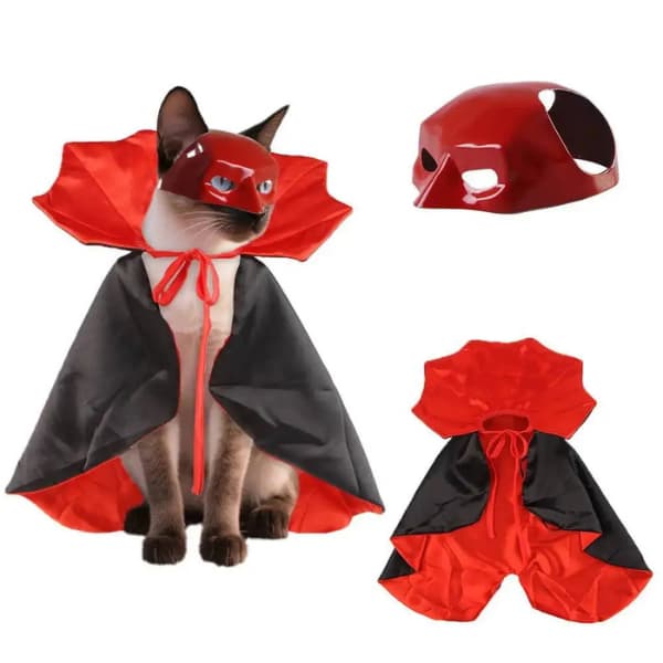 Red Halloween cat vampire cape and over-the-head mask set