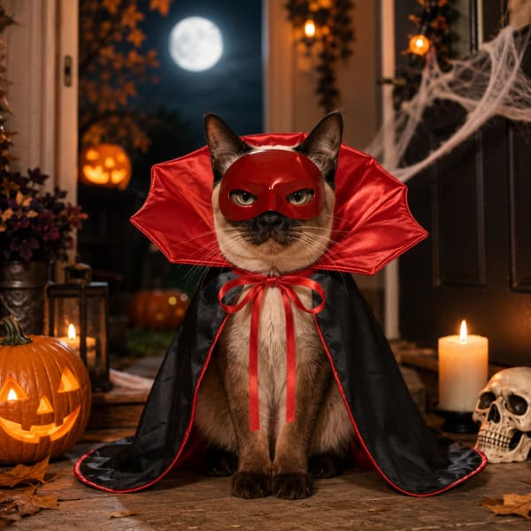 Cat wearing red Halloween vampire cape and mask costume