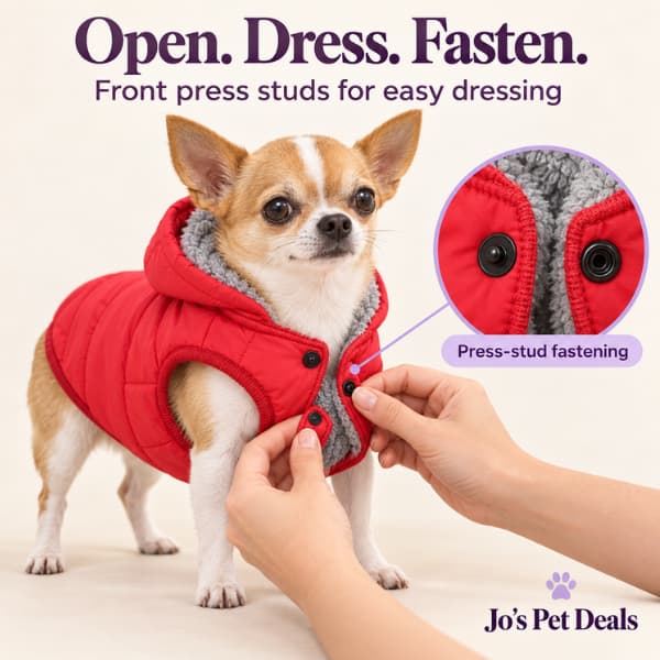 Hands fastening the front press studs of a red fleece-lined jacket on a Chihuahua, with a close-up of the fastening.