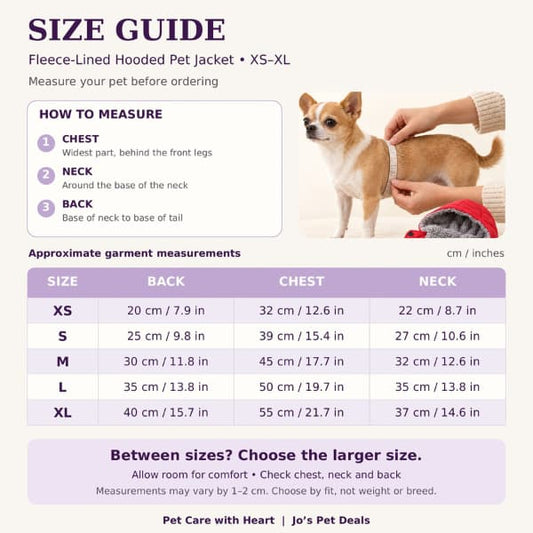 Hooded pet jacket size guide for XS–XL, showing back, chest and neck measurements in centimetres and inches, with measuring instructions.