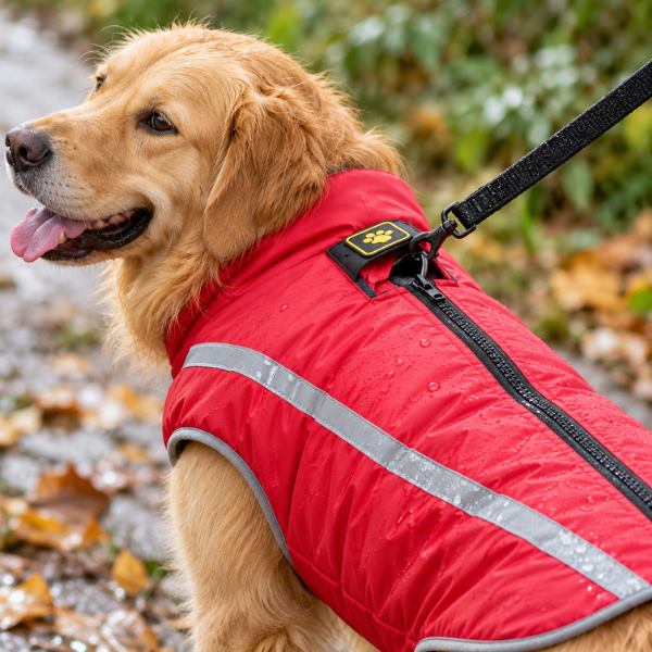 Golden Retriever wearing a red waterproof dog coat with a back zip and concealed lead-access opening