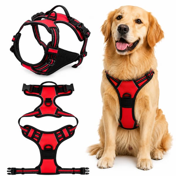 Golden retriever wearing red reflective no pull dog harness with adjustable padded straps