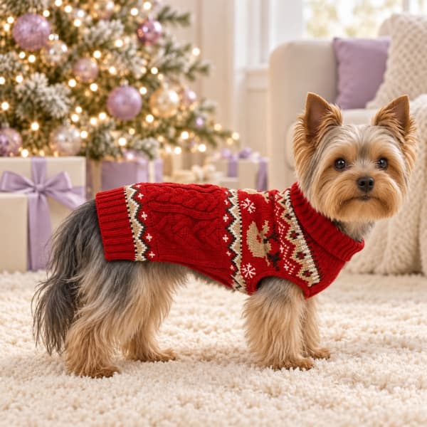 Yorkshire Terrier wearing a red cable-knit Christmas jumper with reindeer and snowflake patterns beside a Christmas tree with lavender decorations.