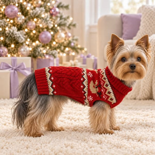 Yorkshire Terrier wearing a red cable-knit Christmas jumper with reindeer and snowflake patterns beside a Christmas tree with lavender decorations.