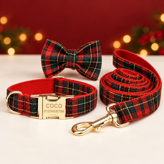 Red tartan collar, coordinating bow and matching lead with gold hardware, showing example name and phone-number engraving on the buckle.