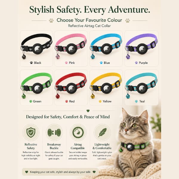 Premium colour guide infographic showing reflective AirTag cat collars in multiple colours with safety and comfort features for cats