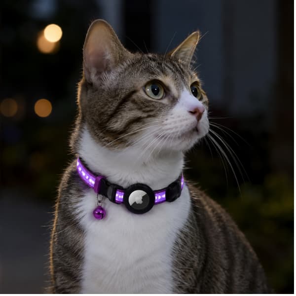 “Tabby cat wearing a reflective AirTag safety collar with bell and glowing visibility strip for safer nighttime outdoor adventures