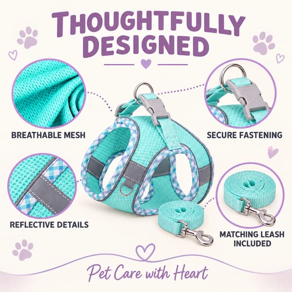 A pet harness and matching leash set displayed on a light cream background with decorative paw prints and text callouts. The harness is aqua/turquoise with white gingham patterns and reflective gray trim.