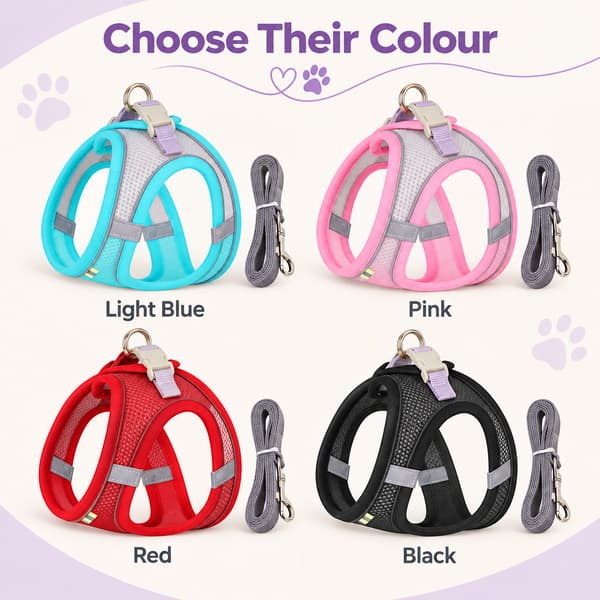 Reflective dog harness and matching leash sets displayed in Light Blue, Pink, Red and Black.