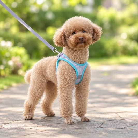 Apricot toy poodle wearing a lightweight blue reflective mesh dog harness with its matching grey leash in a garden.