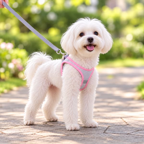 White Maltese wearing a pink reflective mesh dog harness with a single front-leg opening and matching grey leash.