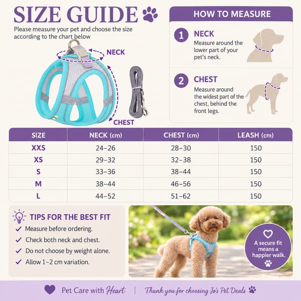 Premium reflective dog harness size guide with neck and chest measuring instructions for sizes XXS to L.