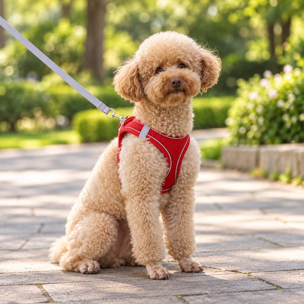 Cream toy poodle wearing a red reflective mesh dog harness with its matching grey leash in a park.