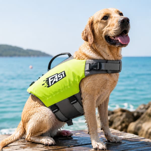 Labrador wearing a FAST reflective dog life jacket on a dock beside the sea for safe swimming and water adventures