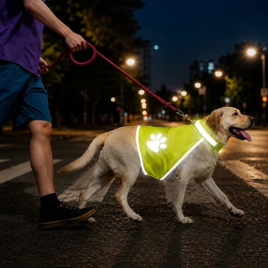 Labrador wearing a reflective dog safety vest during an evening walk, showing high visibility reflective trim to help improve safety in low-light conditions and nighttime outdoor adventures.
