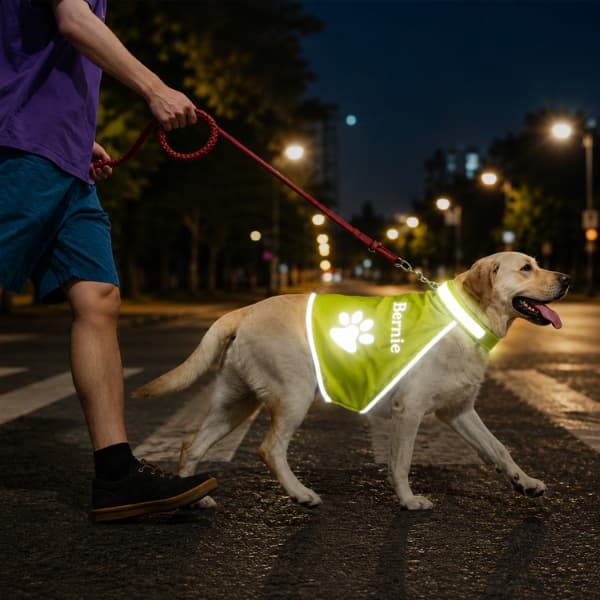 Labrador wearing a reflective personalised dog safety vest during a nighttime walk on a city street for improved visibility and safer walks