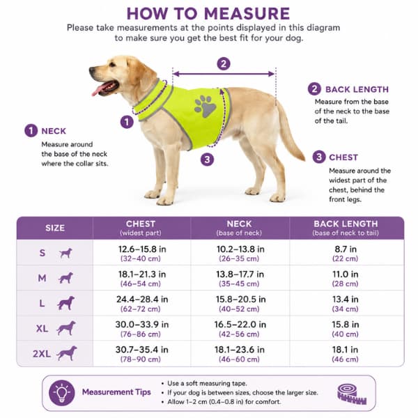 Size guide showing how to measure a dog for a reflective dog safety vest, including neck, chest and back length measurements with an S–2XL sizing chart for the best fit.
