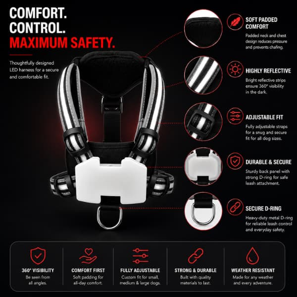 Reflective LED dog harness showing adjustable fit padded comfort and safety features for nighttime walks