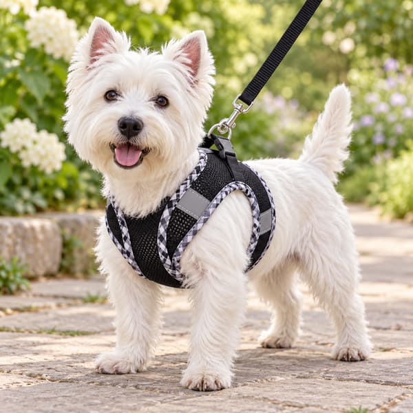 White West Highland Terrier wearing a black plaid reflective mesh dog harness with its matching black leash.