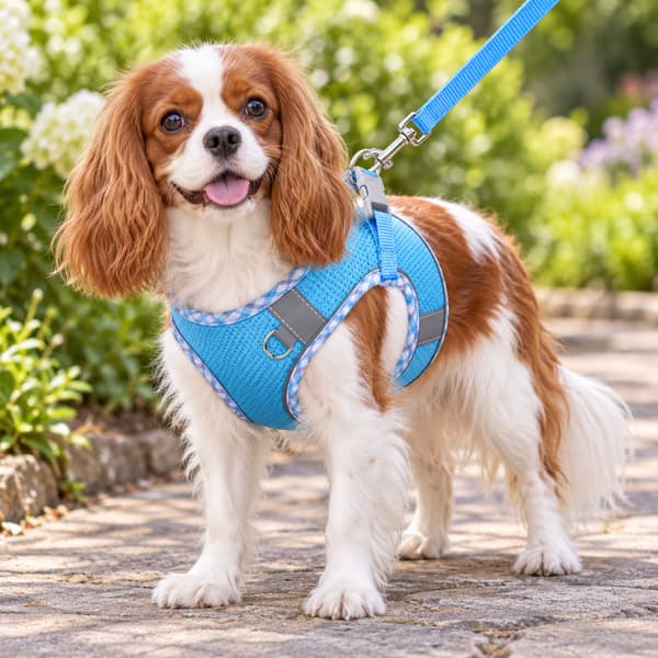 Blenheim Cavalier King Charles Spaniel wearing a dark-blue plaid reflective mesh dog harness with its matching blue leash.