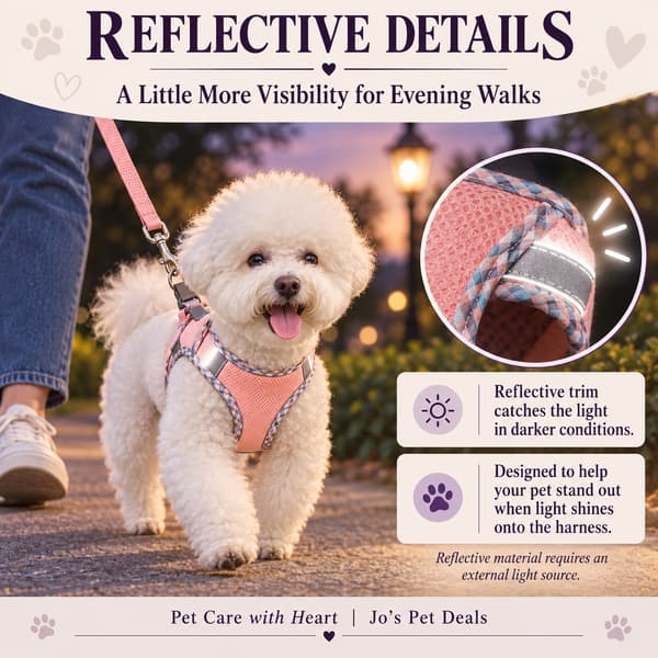 White dog wearing a pink plaid reflective mesh harness during an evening walk, with reflective trim catching nearby light.