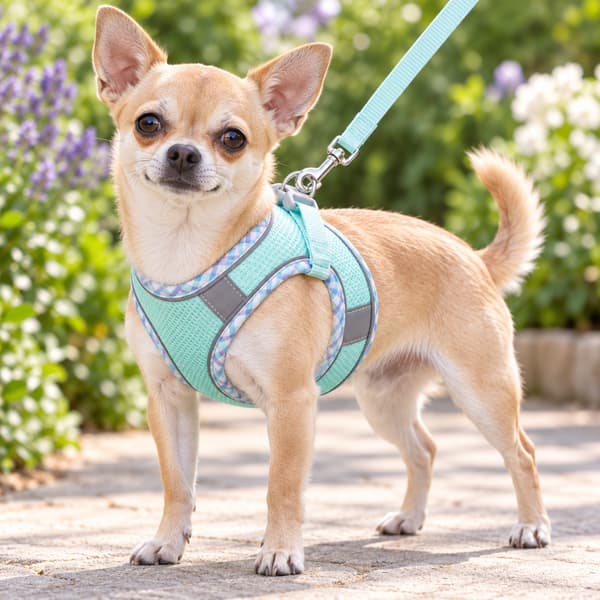 Fawn Chihuahua wearing a light-blue plaid reflective mesh dog harness with its matching light-blue leash.