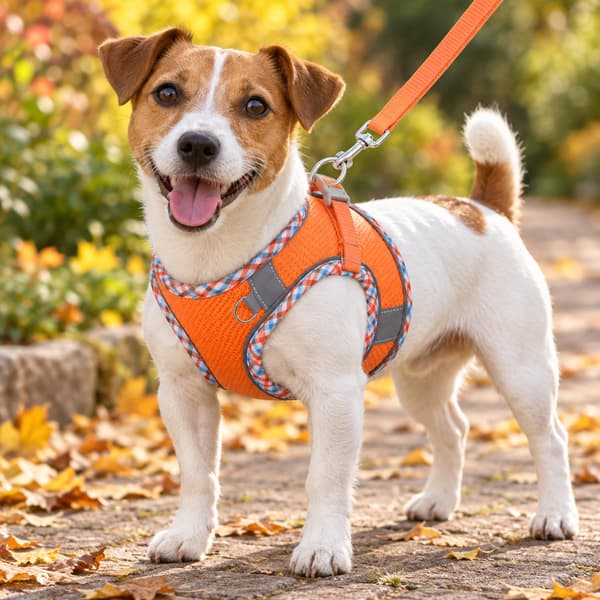 Jack Russell wearing an orange plaid reflective mesh dog harness with its matching orange leash on an autumn garden walk.