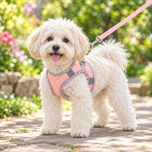Cream Maltipoo wearing a pink plaid reflective mesh dog harness with its matching pink leash in a sunny garden.