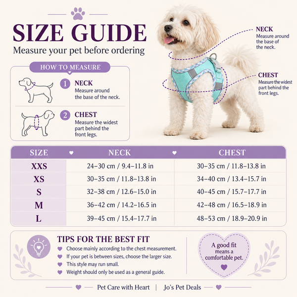 Premium reflective plaid dog harness size guide with neck and chest measurements in centimetres and inches.
