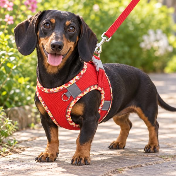Black-and-tan Miniature Dachshund wearing a red plaid reflective mesh dog harness with its matching red leash.