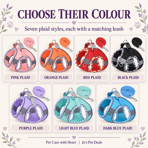  Seven reflective plaid dog harness and matching leash sets in pink, orange, red, black, purple, light blue and dark blue.