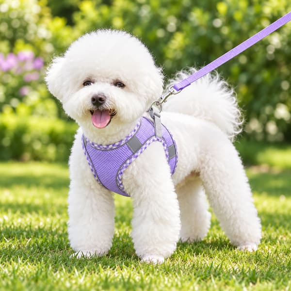 White Bichon wearing a reflective purple plaid mesh dog harness with its matching leash in a sunny garden.