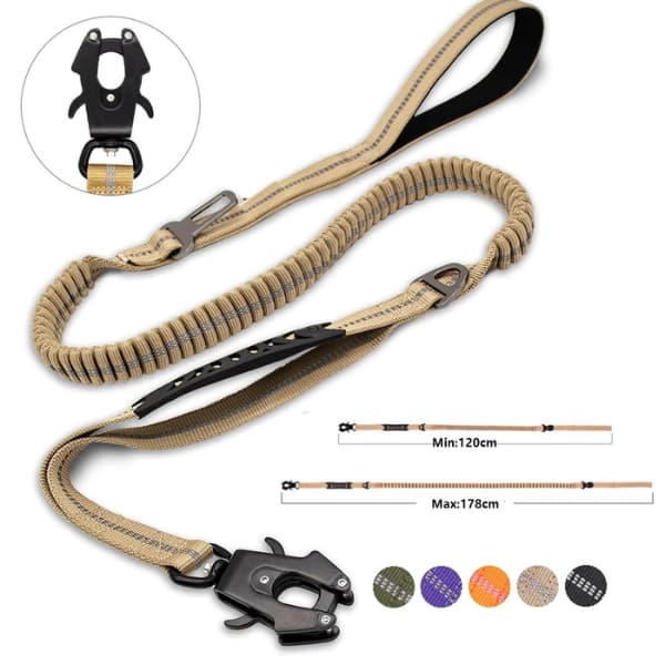 Reflective tactical bungee dog leash with locking carabiner shock absorbing design adjustable length and multiple colour options for medium and large dogs