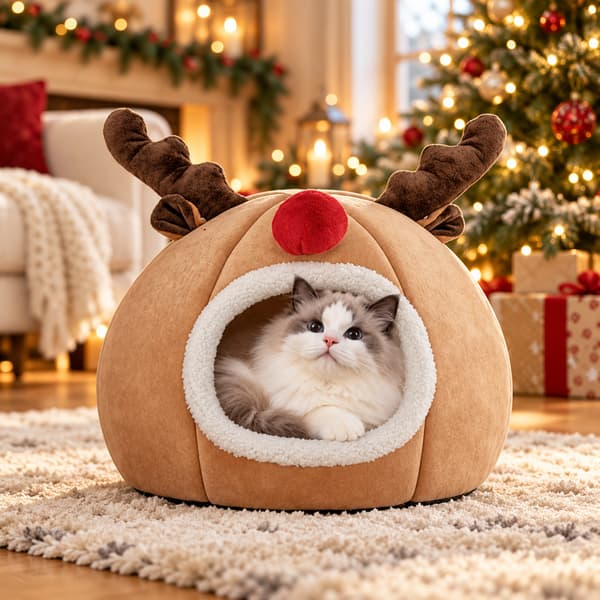 Grey and white cat resting inside a cosy reindeer Christmas cave bed with plush antlers and red nose.