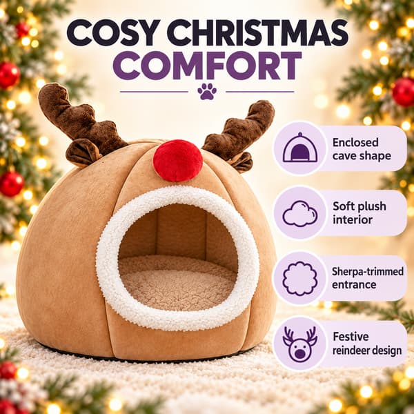 Reindeer cat cave bed showing its enclosed shape, soft plush interior, sherpa-trimmed entrance and festive design.
