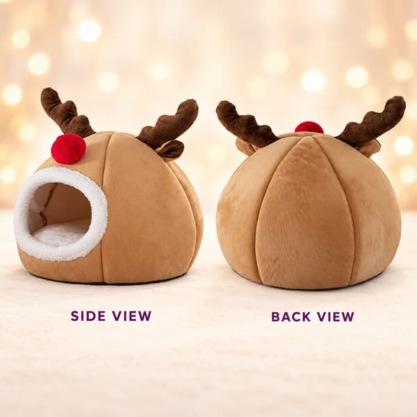 Side and back views of the plush reindeer cat cave bed showing its circular entrance and padded enclosed shape.