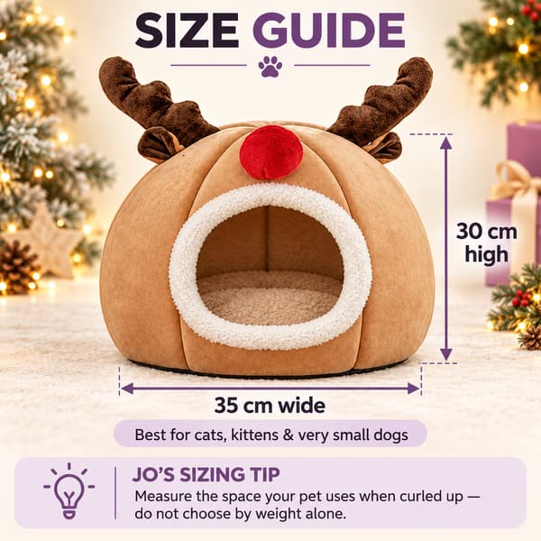 Reindeer cat cave bed size guide showing 35 cm width and 30 cm height with Jo’s pet sizing tip.