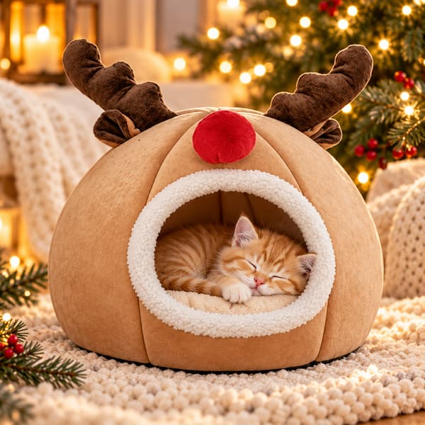 Ginger kitten sleeping peacefully inside a cosy plush reindeer Christmas cat cave bed.