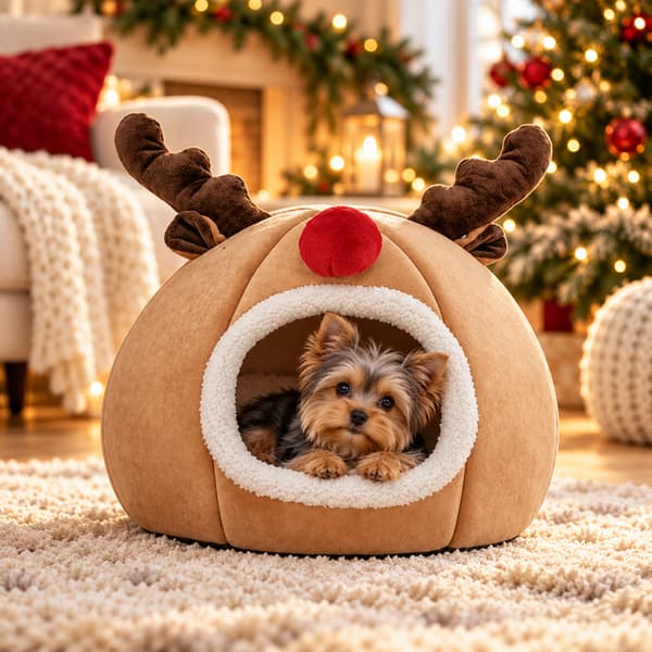 Tiny Yorkshire Terrier resting inside a cosy reindeer Christmas cave bed with plush antlers and sherpa trim.