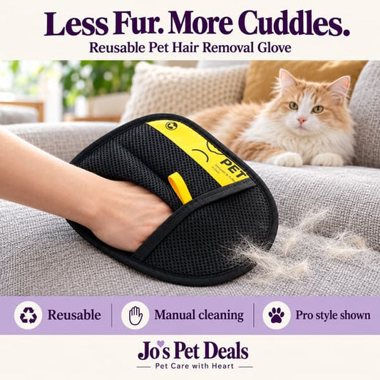 Black and yellow Pro pet hair removal glove cleaning a grey fabric sofa, with a ginger and white cat resting behind it.